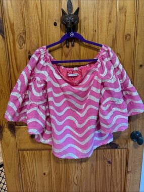 Trina Turk Pink Metallic Wave Off-Shoulder Blouse